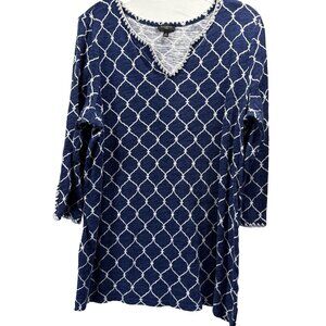 Talbots Women's Tunic Top Size Plus X Blue White 3/4 Sleeve V Neck Linen Cotton